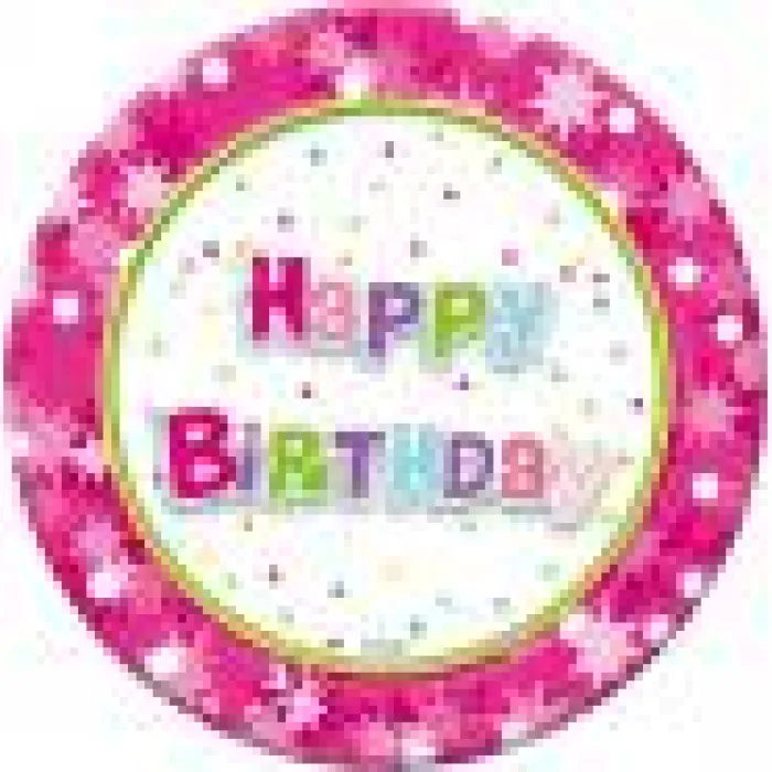 Papírový talířek Happy Birthday růžový - 18 cm / 6 ks