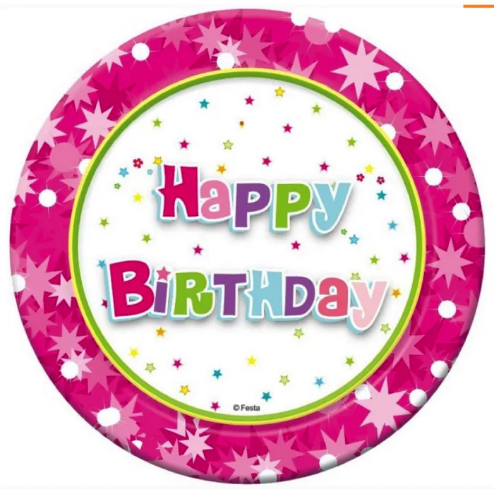 Papírový talířek Happy Birthday růžový - 18 cm / 6 ks