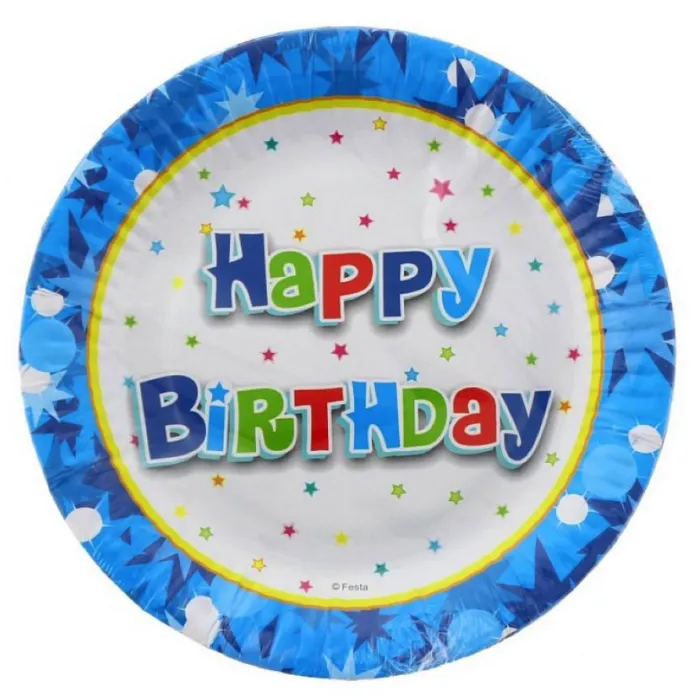 Papírový talířek Happy Birthday modrý - 18 cm / 6 ks