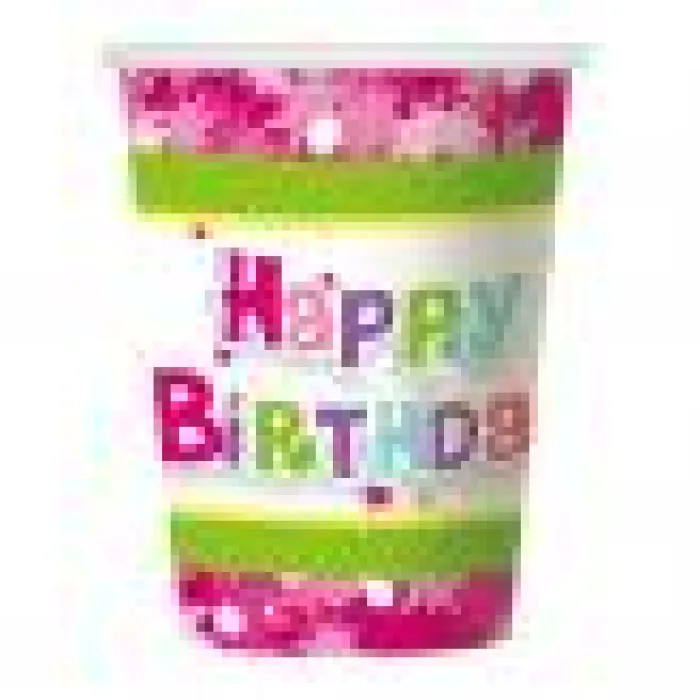 Papírový kelímek Happy Birthday růžový - 18 cm / 6 ks