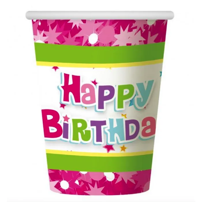 Papírový kelímek Happy Birthday růžový - 18 cm / 6 ks