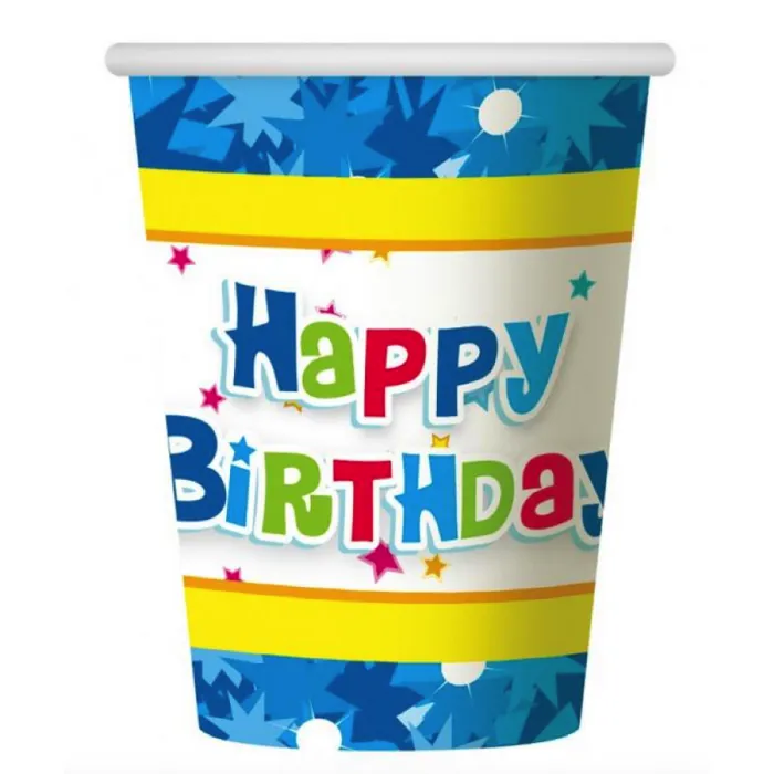 Papírový kelímek Happy Birthday modrý - 18 cm / 6 ks