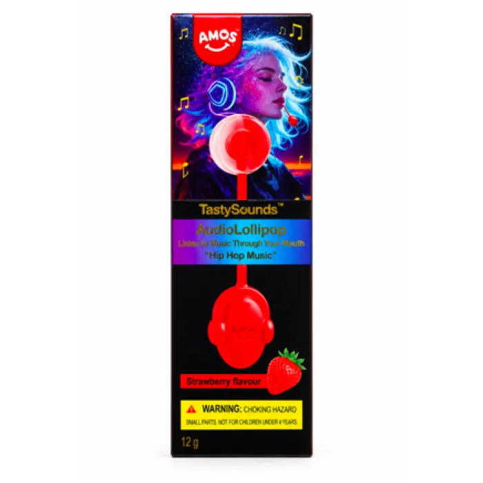 AMOS TastySounds AudioLollipop – Hudební lízátko Hip Hop, jahoda 12 g - 